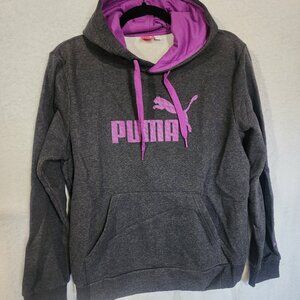 Womens PUMA Essentials Logo Hoodie Sz Lg Purple Gray Fleece Pullover Sweatshirt